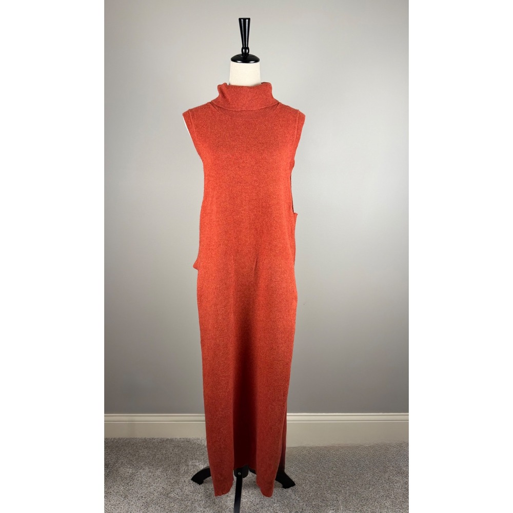 Free People Sweater Vest Maxi Tunic Large Orange Mock Neck Cashmere Blend Slit